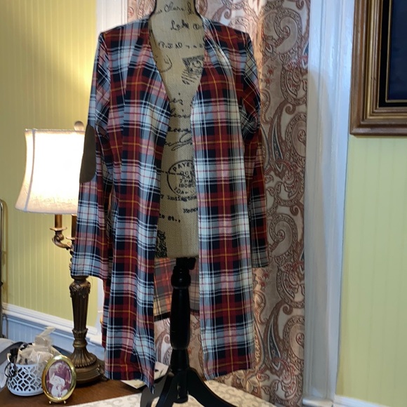 Reborn 1X Plaid Lightweight Open Front Duster / Cardigan / Top w/ Elbow Patches. - Picture 2 of 9
